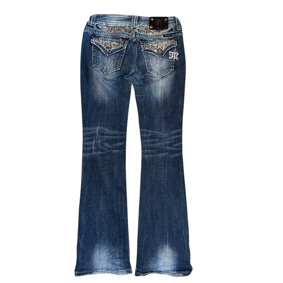 Miss Me Women’s Jeans SZ 28 Boot Fading Dark Wash Distressed Rhinestones Waist - Picture 3 of 7